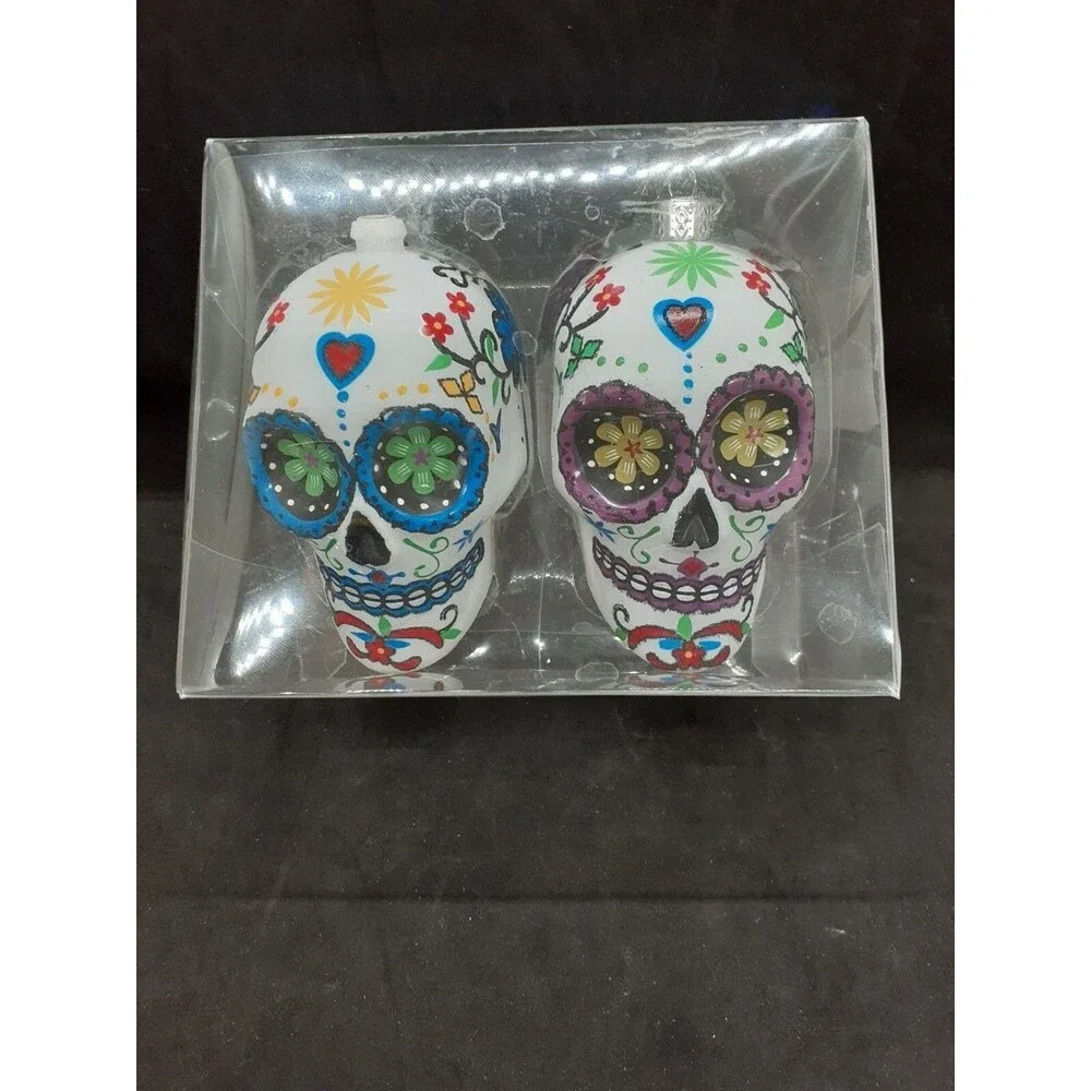 Day of The Dead Sugar Skull-White-Glass Christmas Ornaments (2) NEW